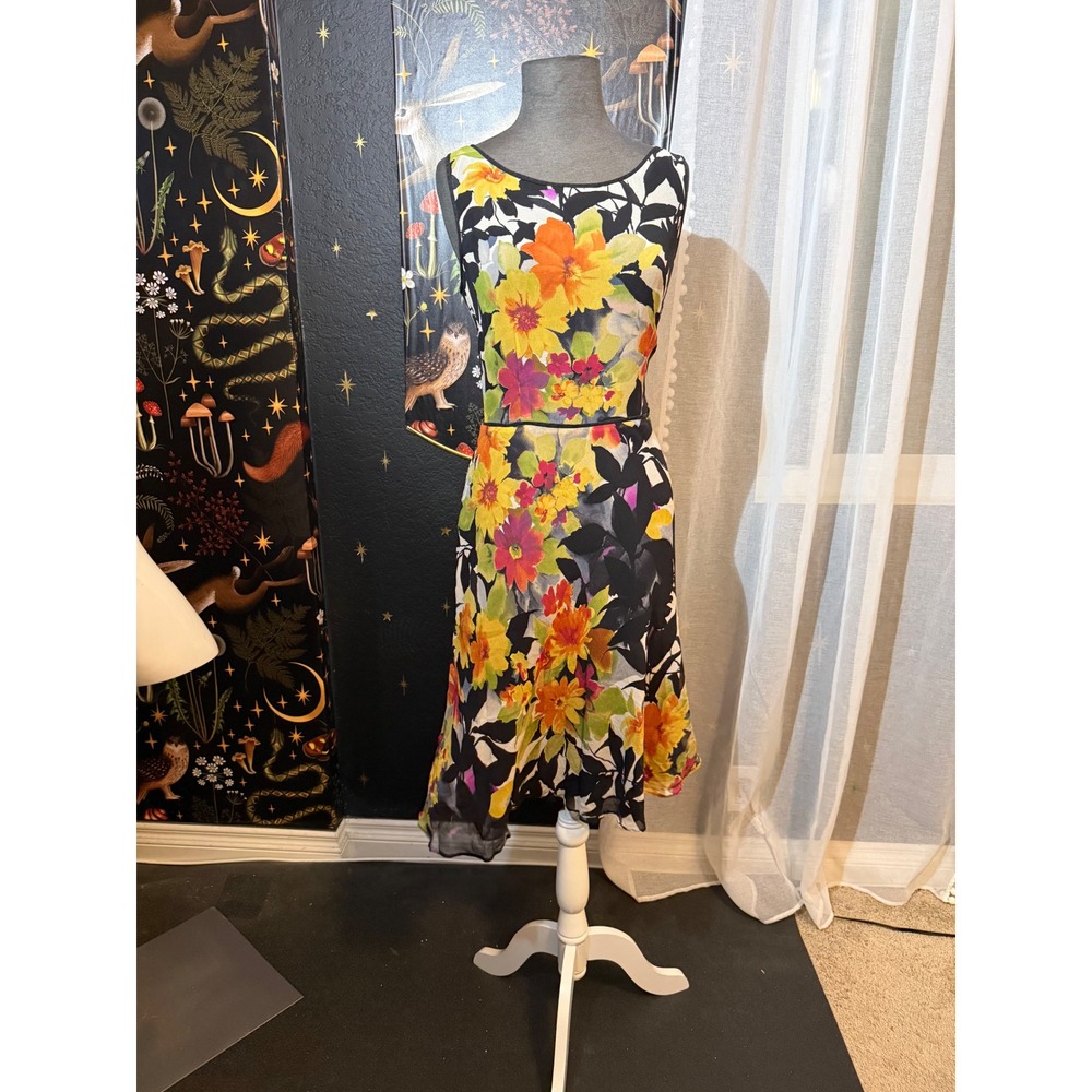 Talbots Petites Pure Silk Floral Sleeveless Midi Dress Black Yellow Orange 10p